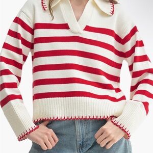 All in Favor Red and Cream Striped V-Neck Sweater